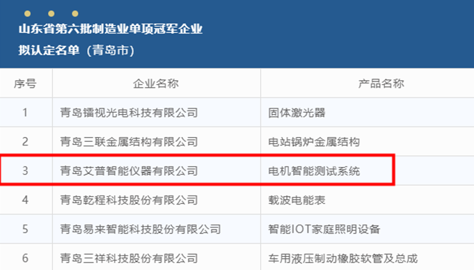 艾普智能榮獲山東省第六批制造業(yè)單項冠軍企業(yè)